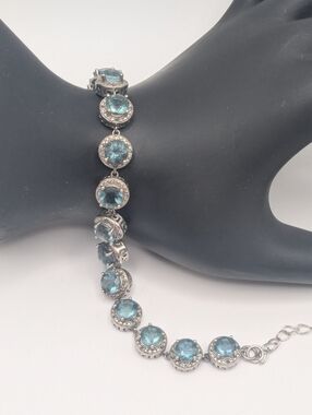 Tennis Bracelet Of Teal Fluorite , Marked 925, 11.38 CTW, NEW. Adjustable